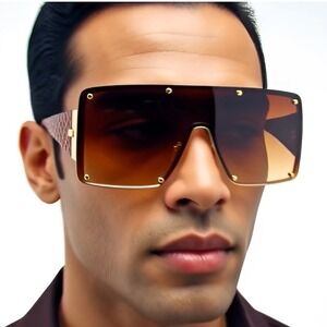 Shield‎ Sunglasses Men Oversized Flat Top Rivet Detail Brown Fashion Luxury